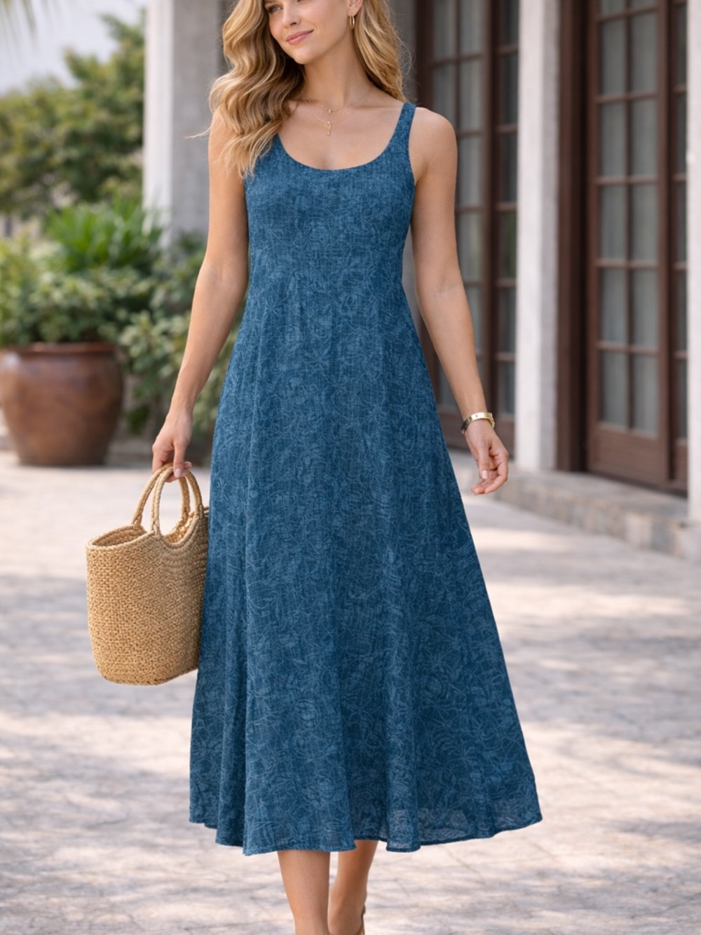 LRL Ralph Lauren Sz 4 100% Linen Blue Floral Midi Dress Coastal Cortagecore EUC